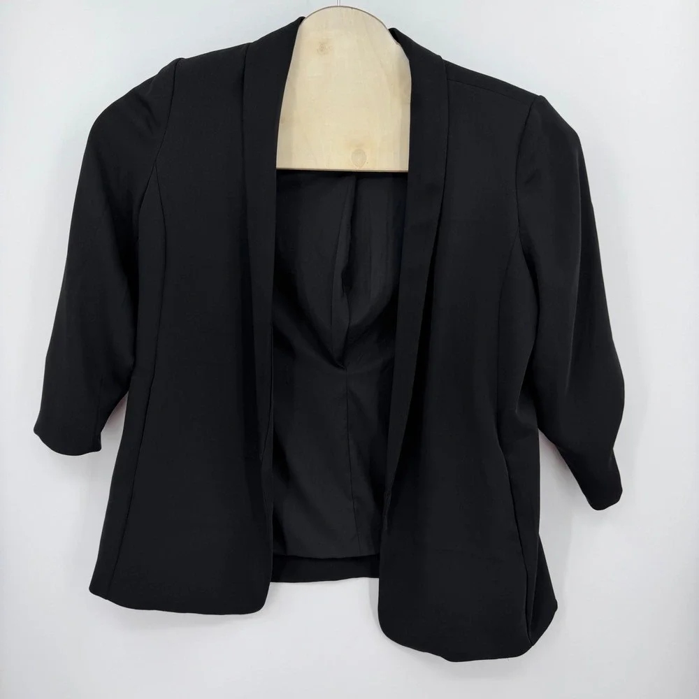 Chicos Black Open Front Ruched 3/4 Sleeve Blazer Jacket Size 2 US 12 Office